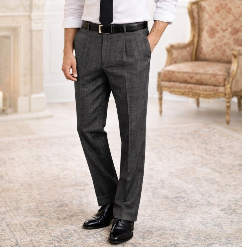 New River Mens Plaid Dress Pants Charcoal Gray Classic Fit Size 33 Made in Italy